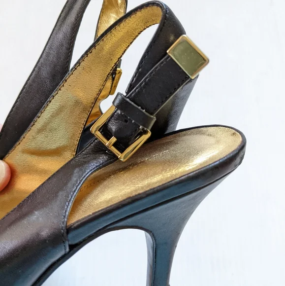 BANANA REPUBLIC women's black leather peep toe slingback heeled pumps - Picture 10 of 13